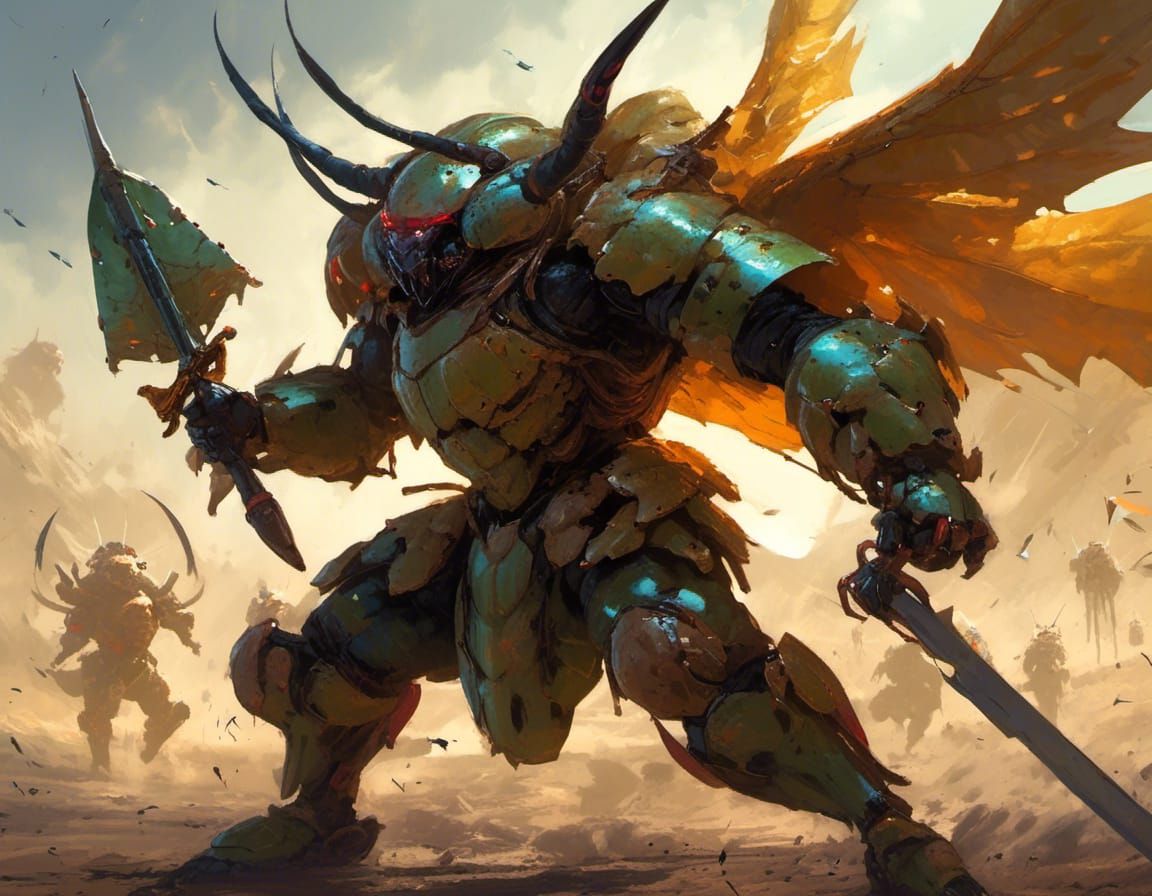 Bio-Mechanical Knight in Cyberpunk Landscape