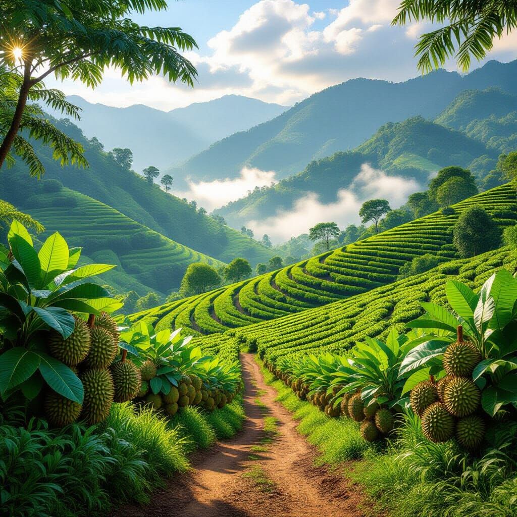 Lush Durian Plantation on Mountain Hillside
