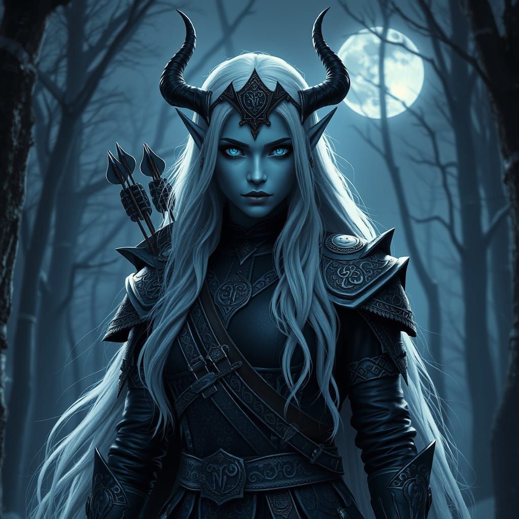 Dark Elf Maiden in Moonlit Forest