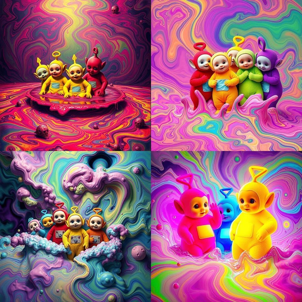 Surreal Teletubbies Emerge from Acidic Landscape