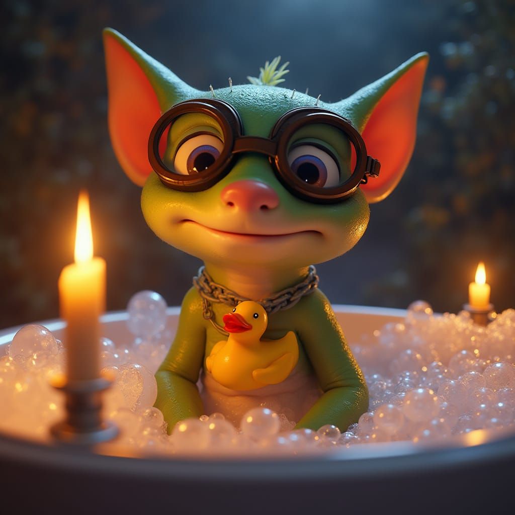 Kobold's Candlelit Bubble Bath: Dreamlike Whimsical Art