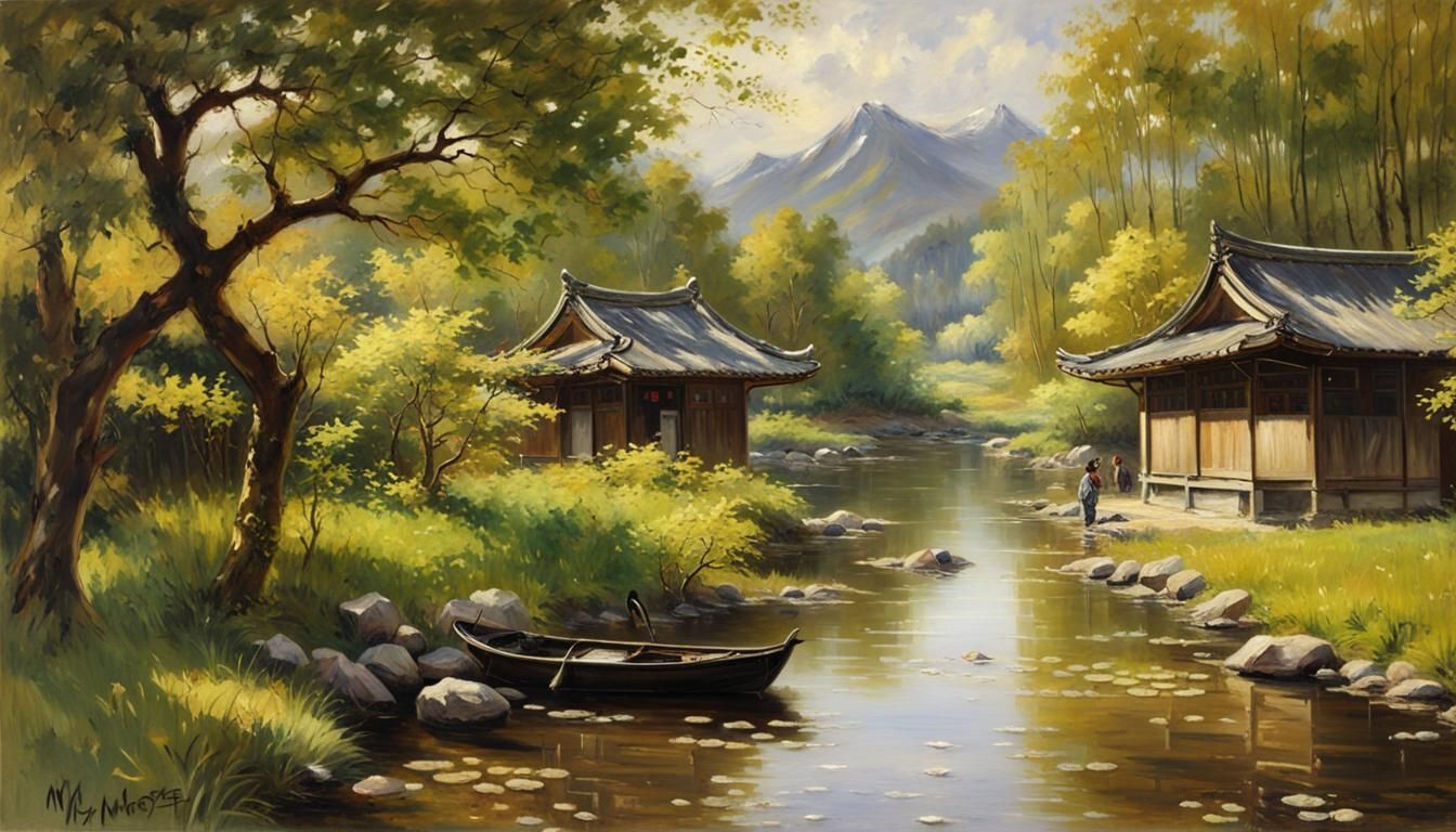 Traditional Japanese Oil Painting of Serene Asian Landscape