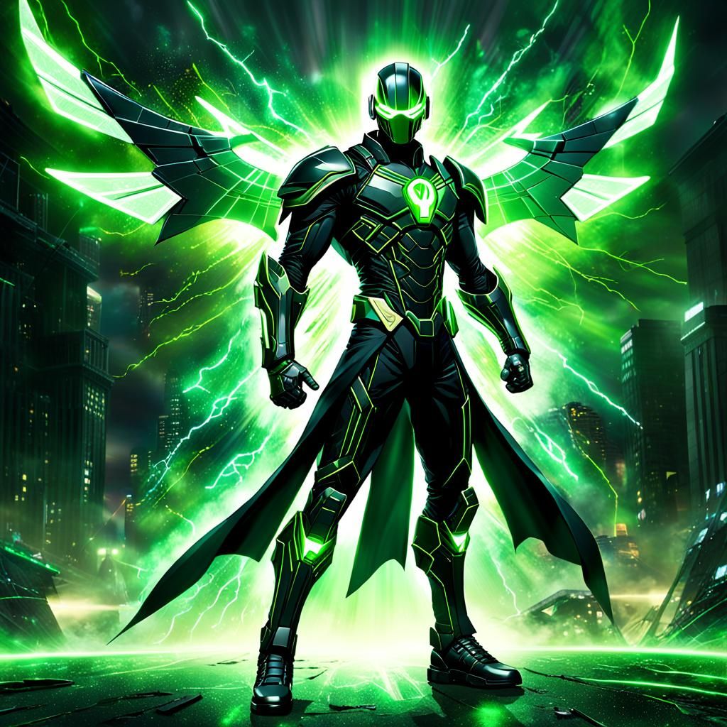 Cybernetic Swordsman with Green Energy in Detailed Matte Pai...