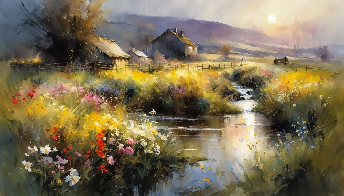 Spring English Countryside Sunrise Watercolor Painting