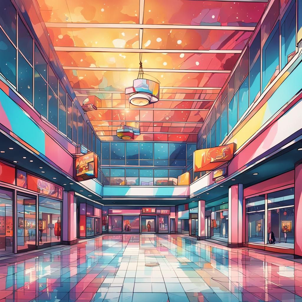 Gloomy Abandoned Shopping Mall in Hyperrealistic Colorful St...