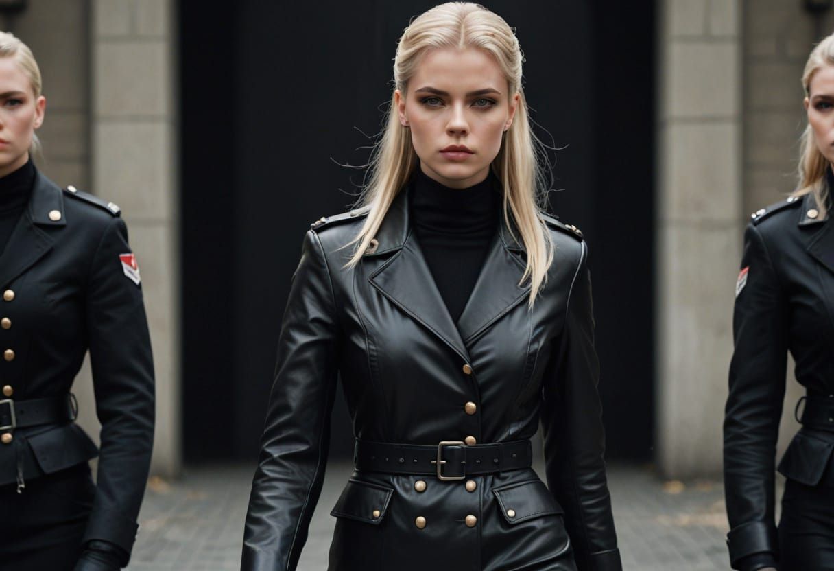 Model in Sleek Black Military-Style Uniform