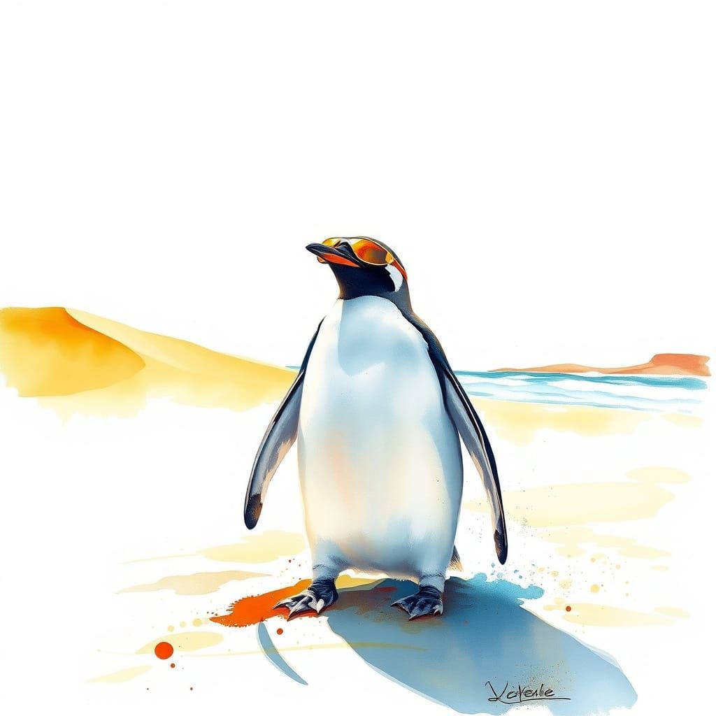 Emperor Penguin in Sun Visor on Sandy Shore