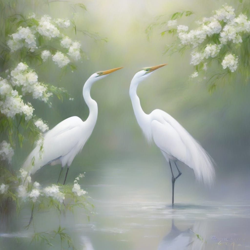 Egrets in Dreamy Fog, Impasto Anime Style Art