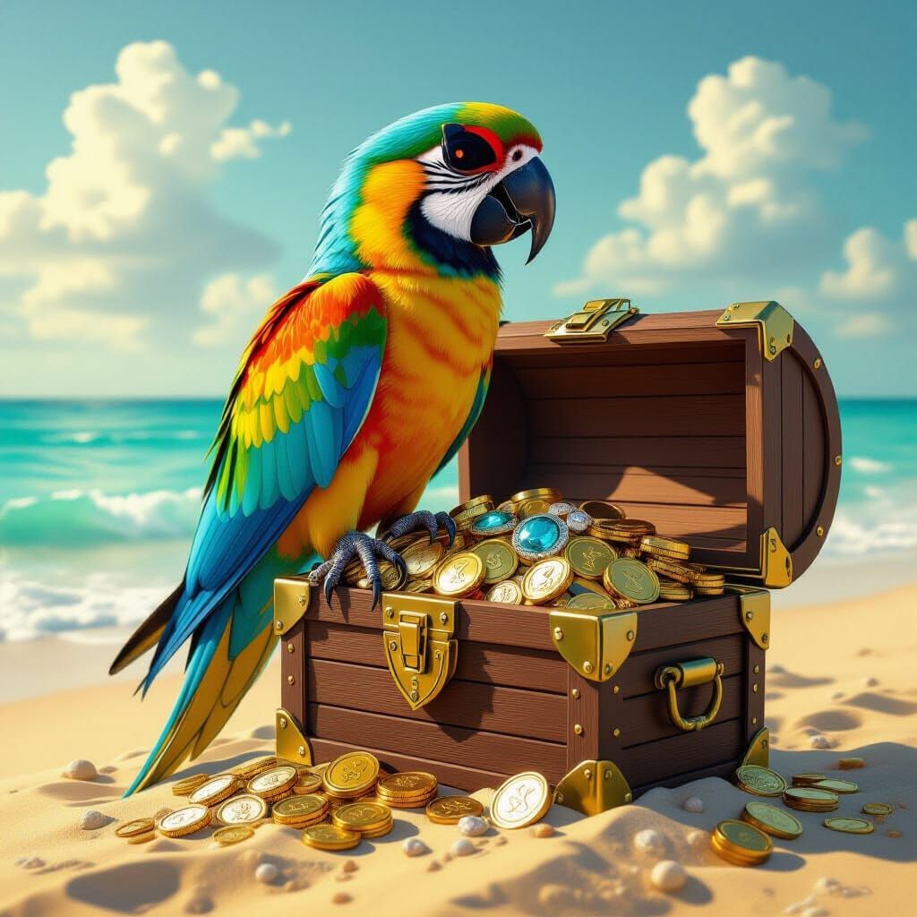 Glass Pirate Parrot Guarding Treasure, Hyperrealistic Art