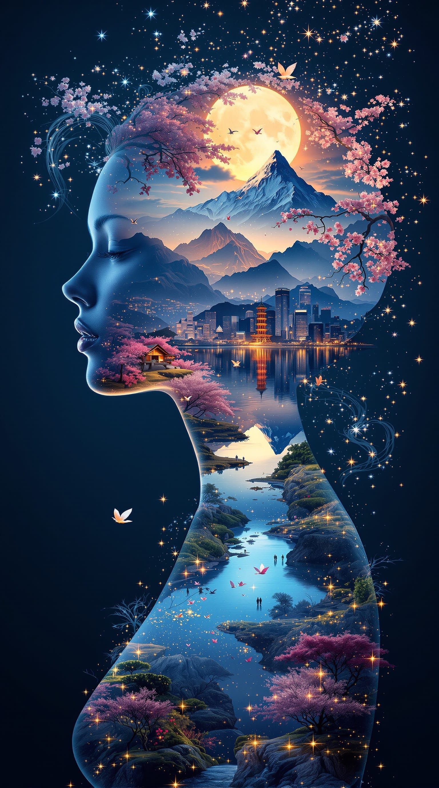 Surreal Dreamscape: Woman with Futuristic City Silhouette