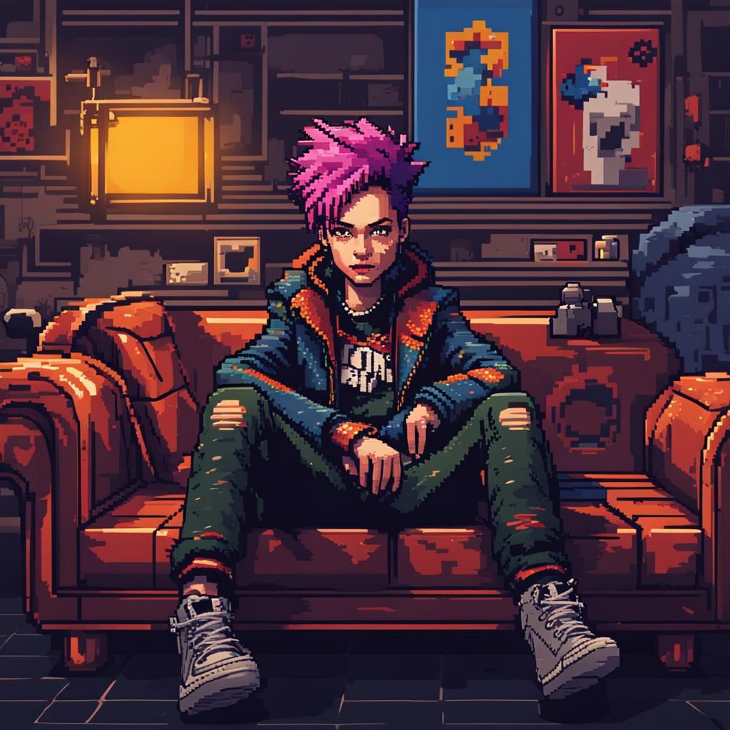 Vibrant Pixel Art Portrait of a Confident Punk Girl Relaxing...