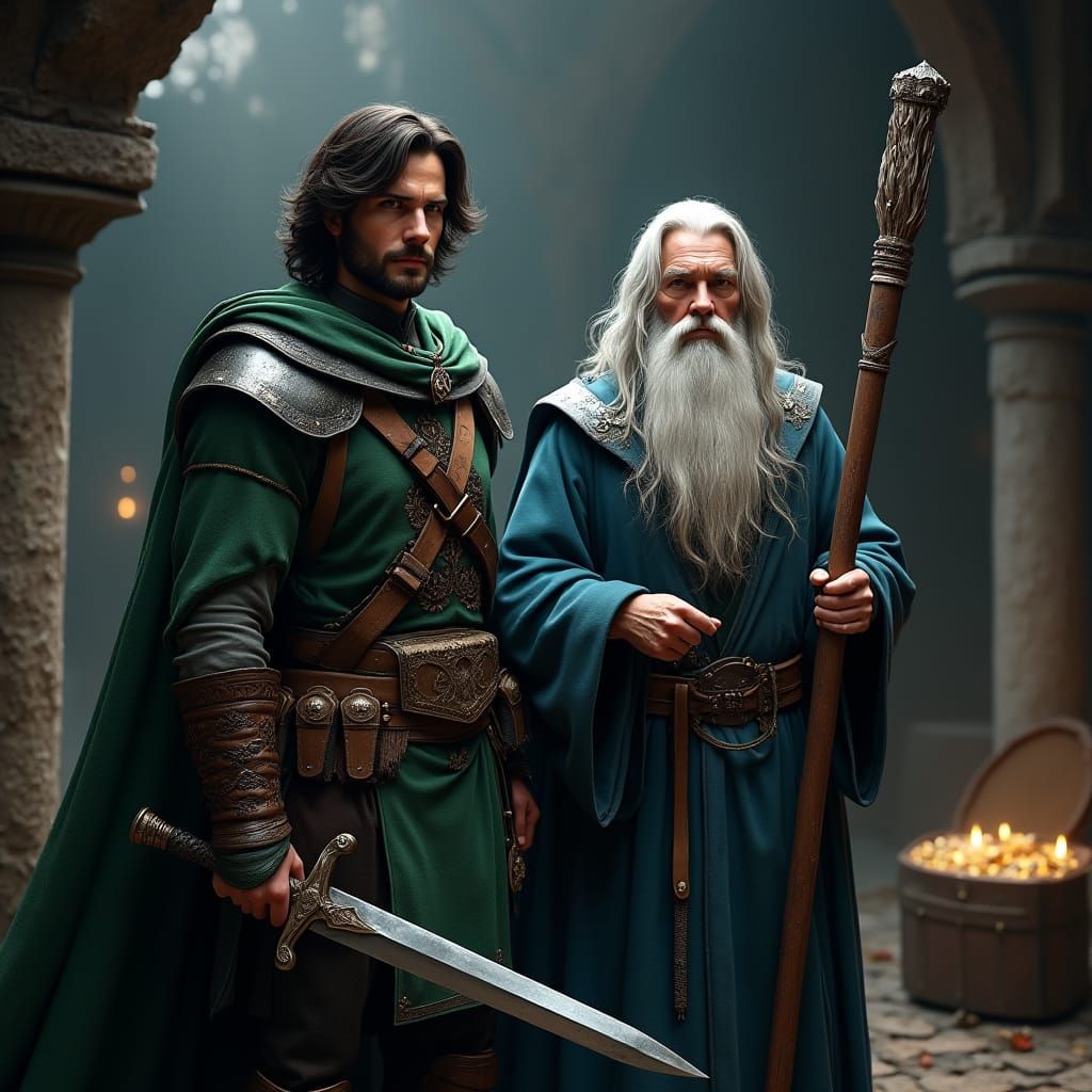 Fantasy Duo: Adventurer and Wizard in Dark Dungeon