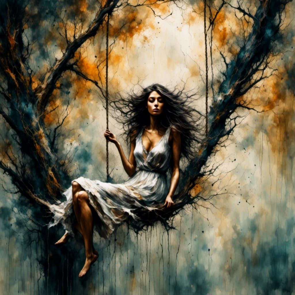 Impressionist Summer Scene: A Woman on a Wooden Swing