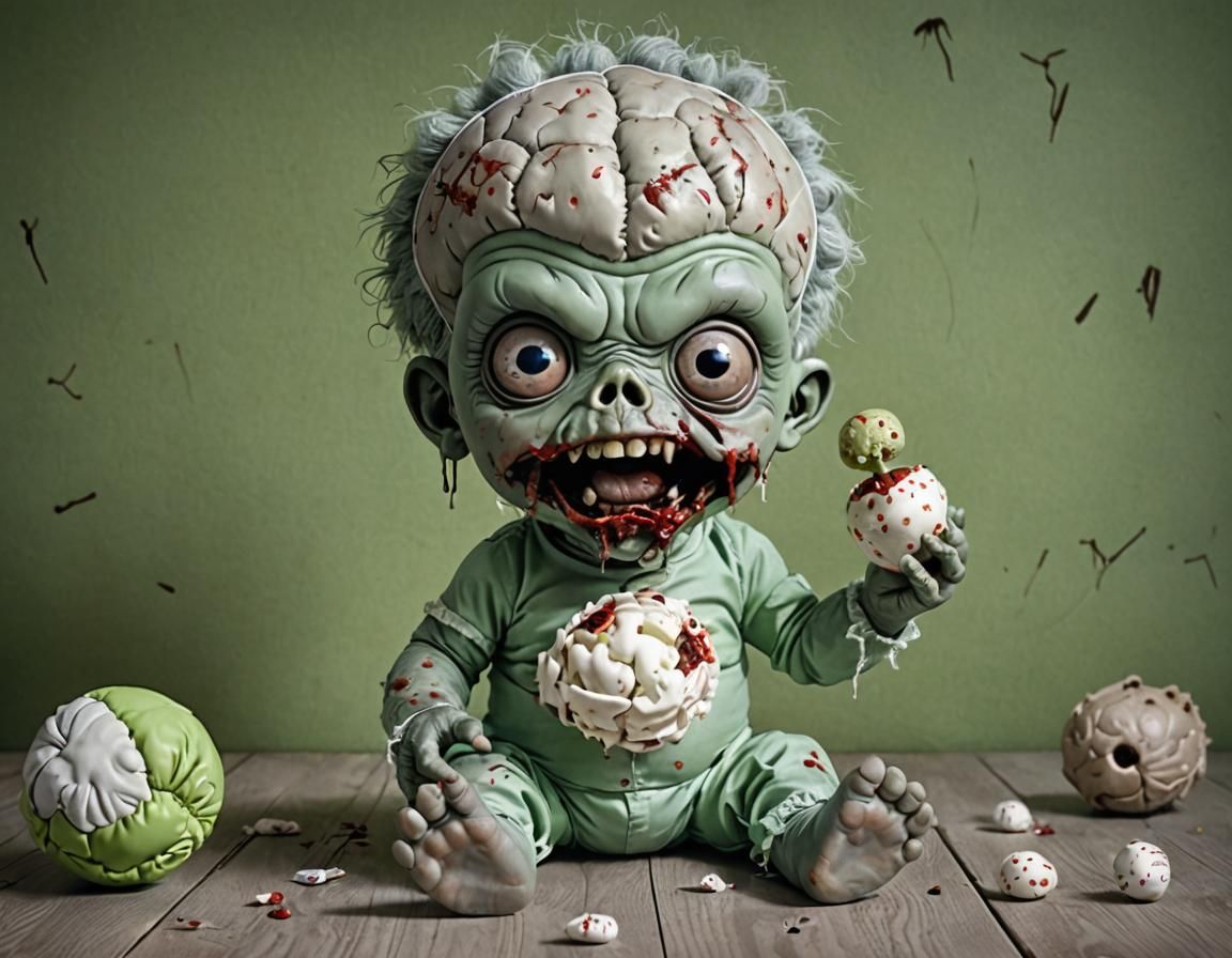 Baby Zombie Holding Brain-Shaped Rattle in a Haunted Nursery