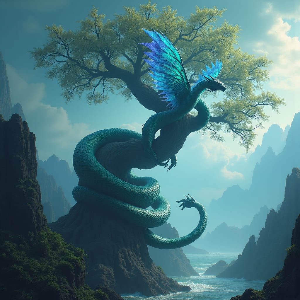 Majestic Serpent Entwines Ancient Tree in Whimsical Fantasy....