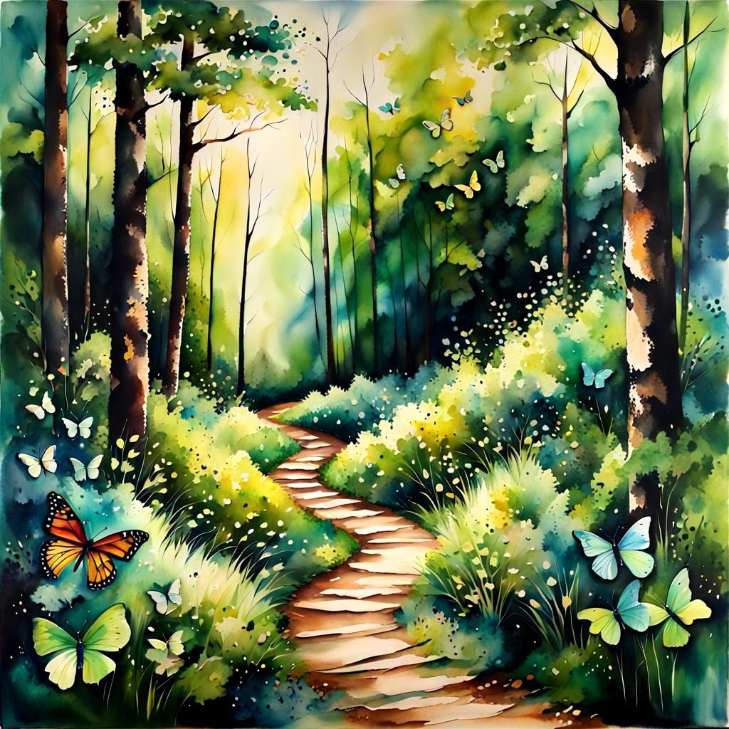 Lush Forest Landscape in Textured Encaustic Style