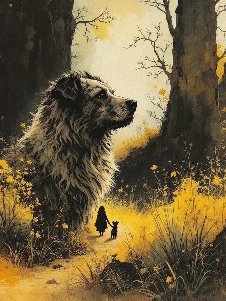 Dog in Sun: Mythological Illustration with Watercolor