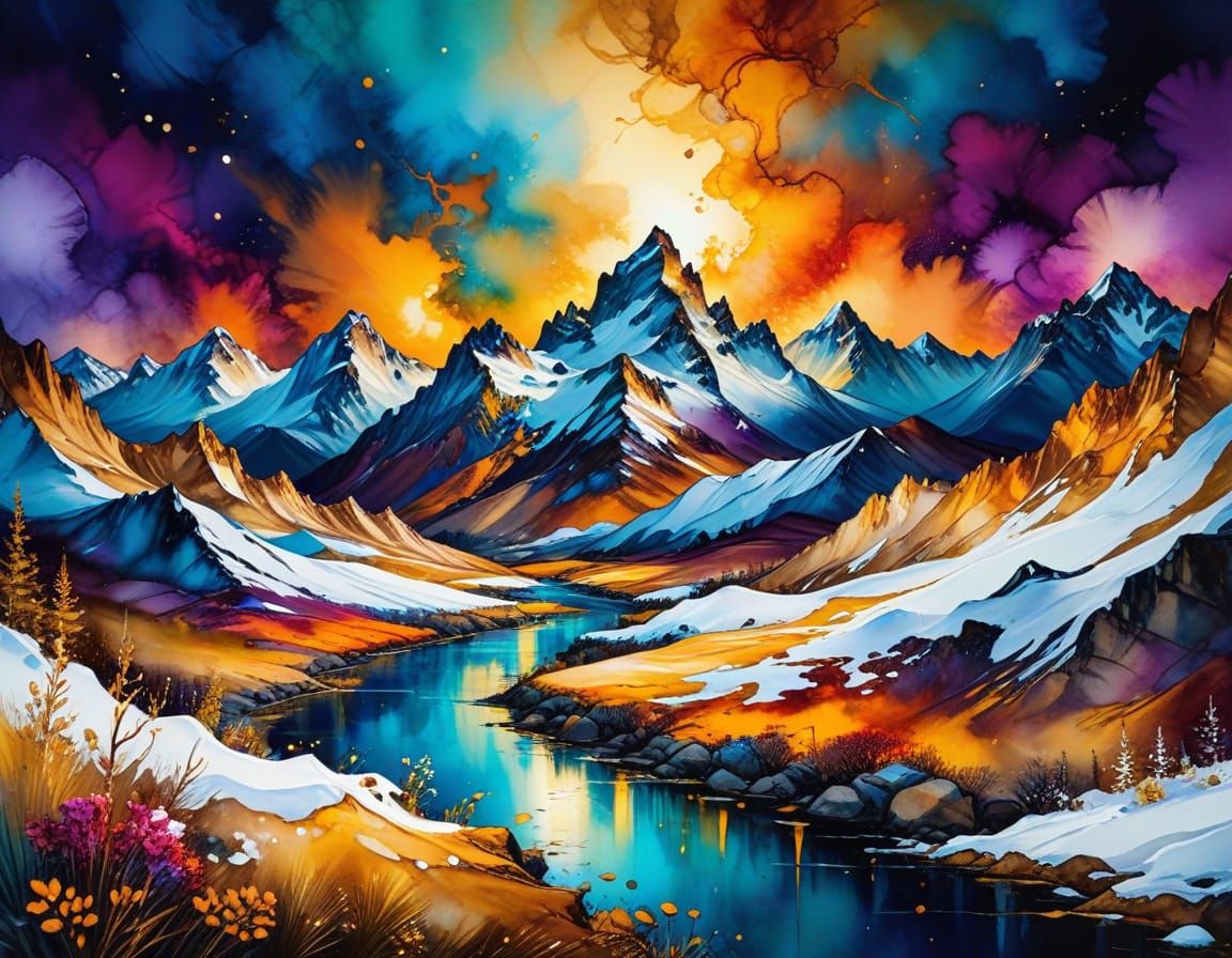 Snowy Mountains in Alcohol Ink Abstract Expressionism