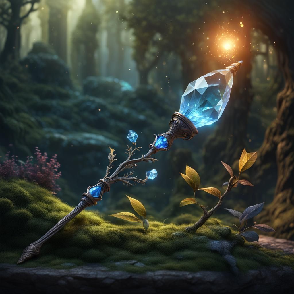 Crystal Wand of Ancient Magic in a Fantastical Landscape