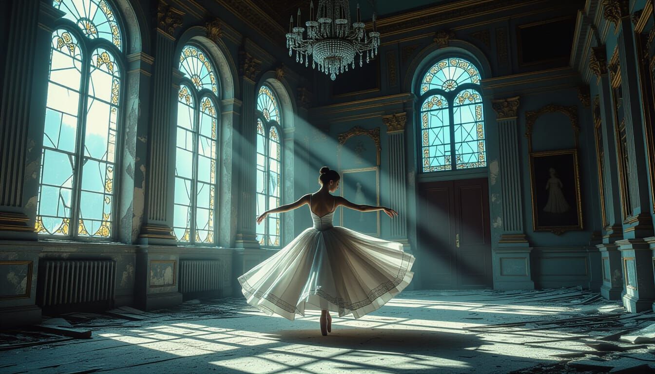 Ballet Dancer in Ruined Ballroom: Surreal & Hyperreal