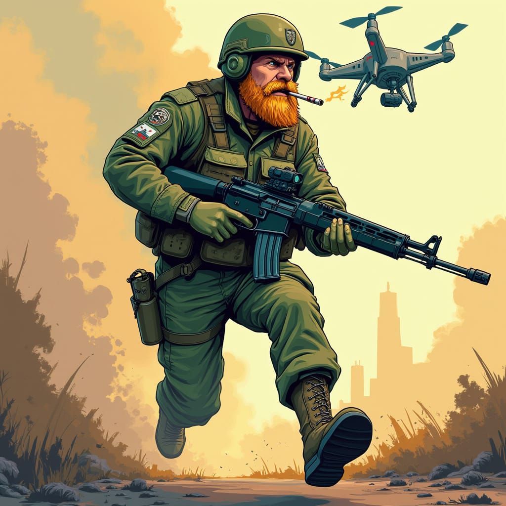 Animated Russian Soldier Running From Drone Attack