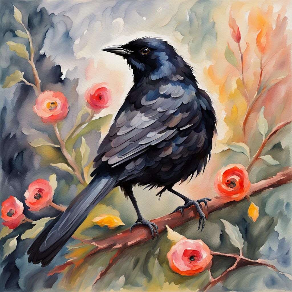 Beautiful black bird in Gouache Style, Watercolor, Museum Ep...