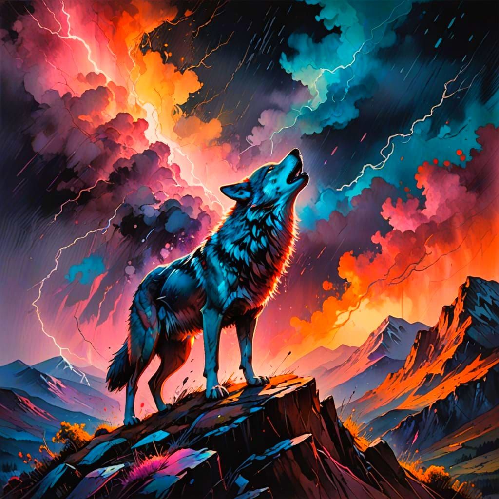 Moonlit Wolf Unleashes Wild Spirit on Thunderous Mountain Ri...