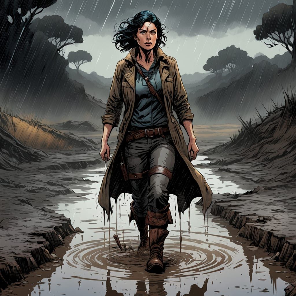 Italian Geologist in Muddy Floodwaters, Comic Art Style