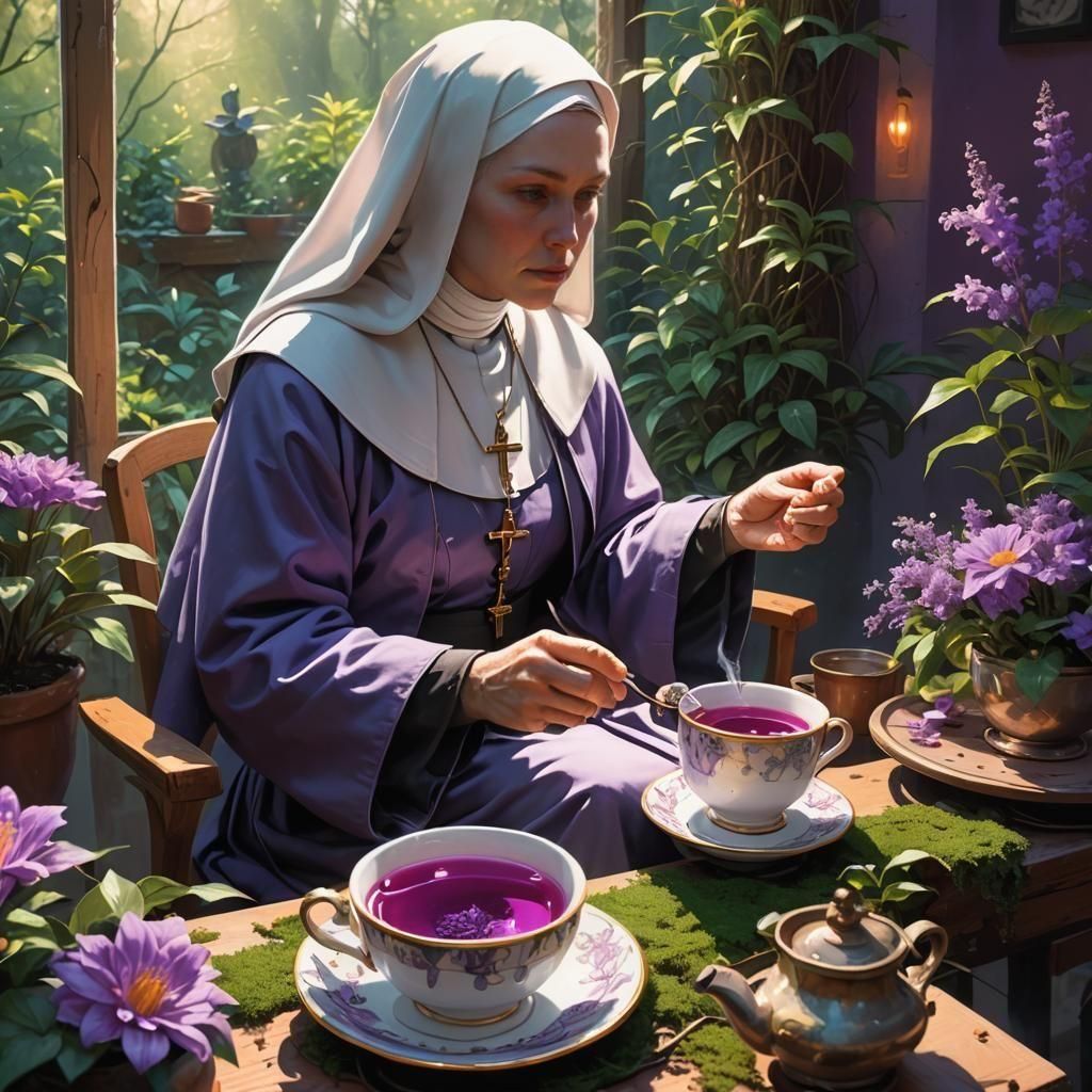 Fantastical Nun Sips Tea from a Whimsical Teacup in a Dreaml...