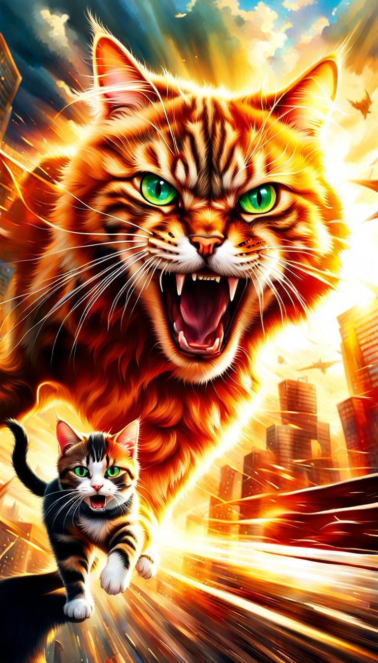 Cats Engage in Intense Cyberpunk Battle