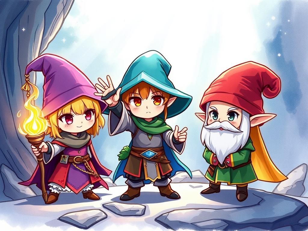 Chibi RPG Characters in Whimsical Aquarel Style