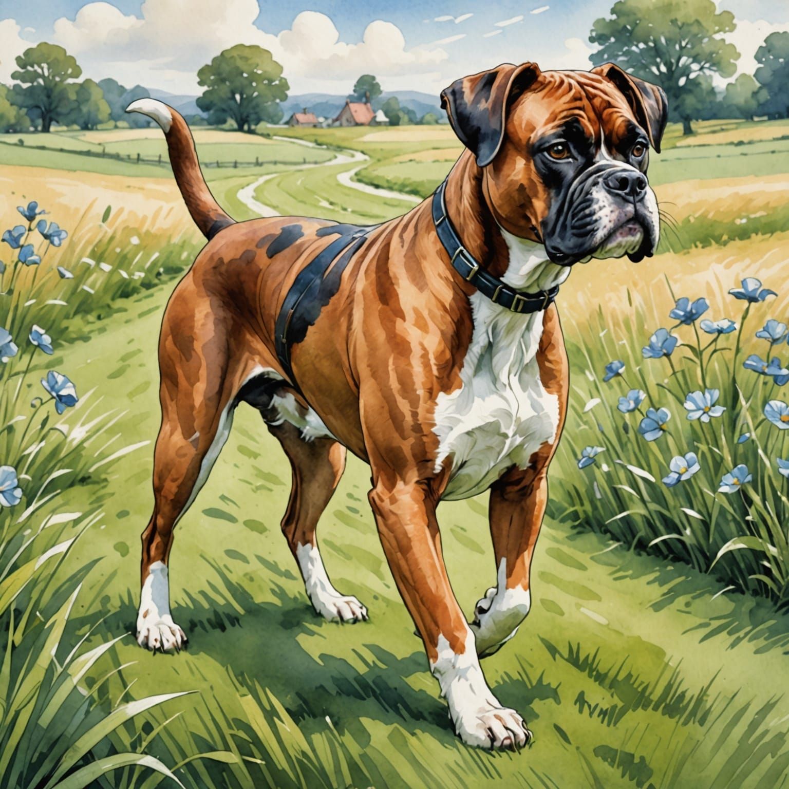 Proud Boxer Dog in Watercolor Illustration