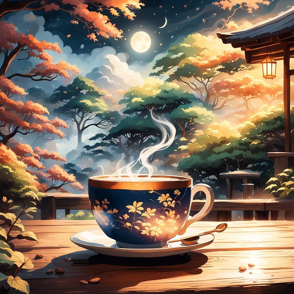 Serene Moonlit Japanese Garden with Steaming Coffee in Fanta...