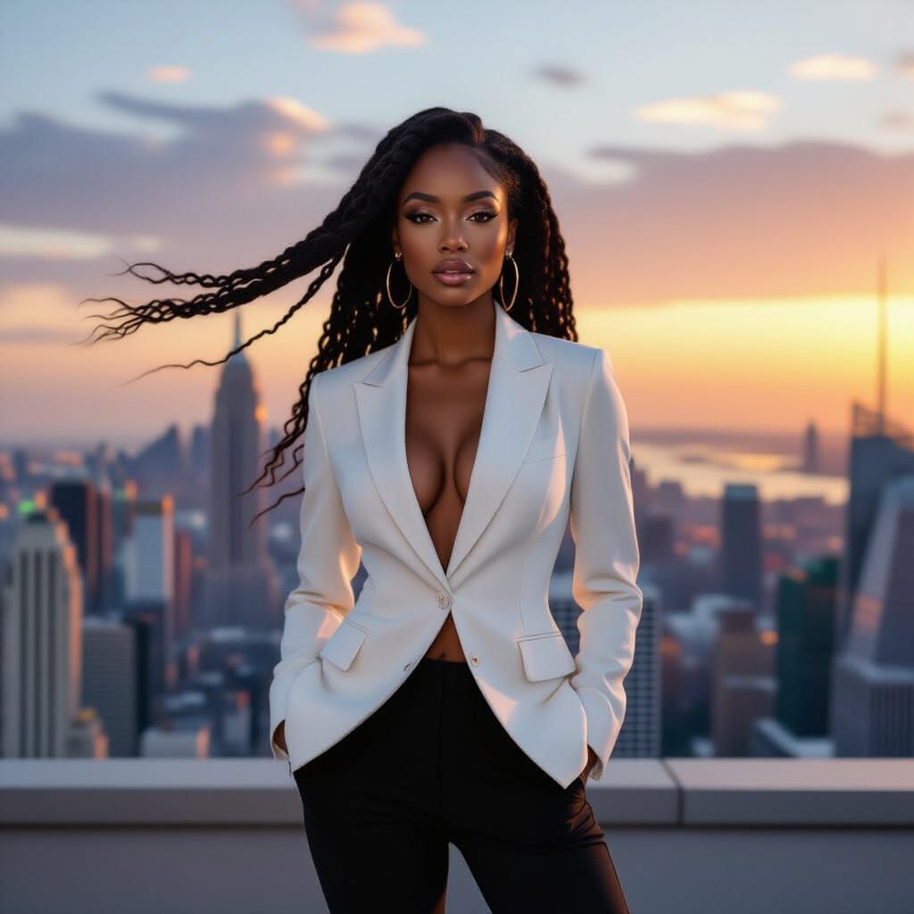 Black Woman on Skyscraper Rooftop at Sunset