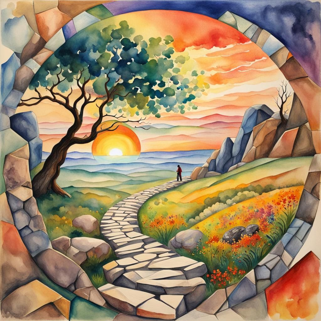 Vibrant Sunset World Unfolds from a Cracked Circle