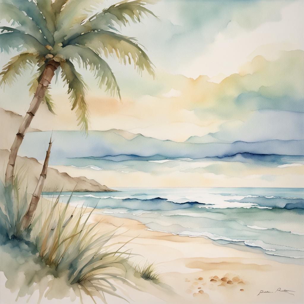 Serene Watercolor Beach Scene with Soft Hues and Delicate De...