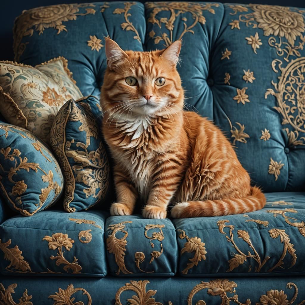 Ginger Cat on a Luxurious Blue Sofa