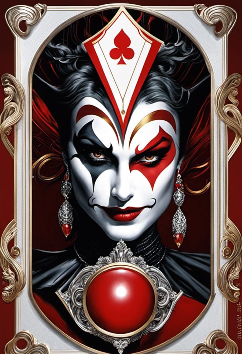 Stylized Harley Quinn with Joker's Playing Card in Intricate...