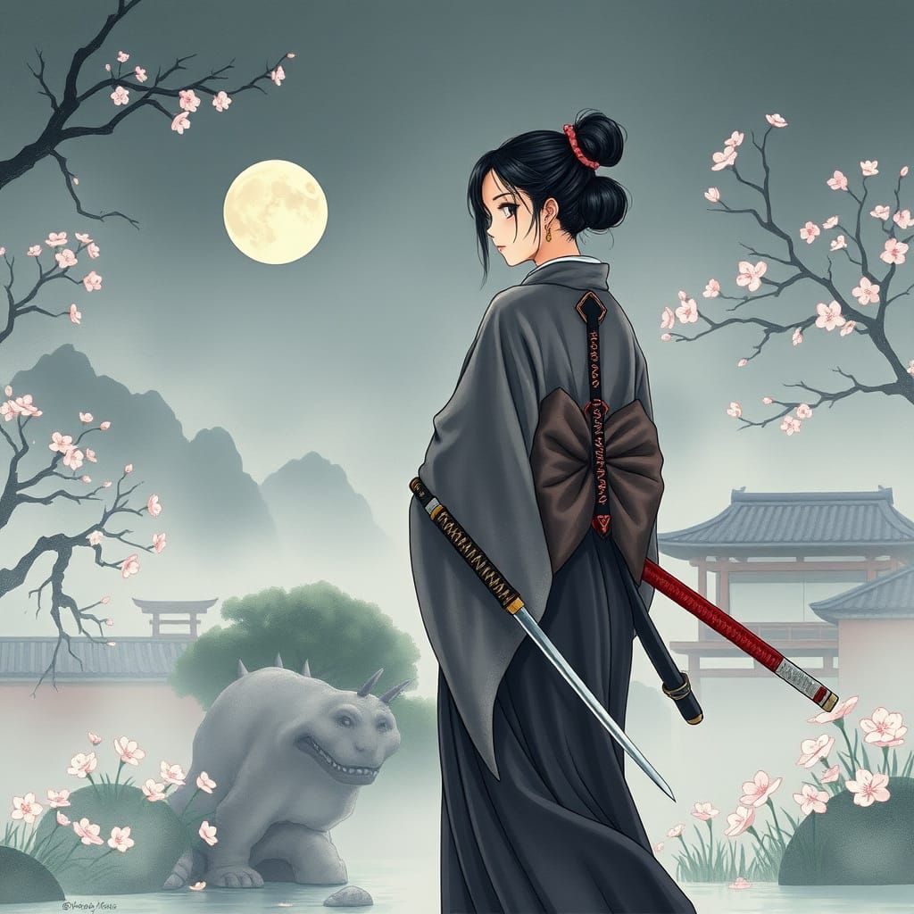 Japanese Woman Walks Confidently with Katana Sword, Cherry B...