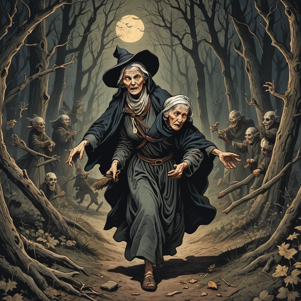 Old Woman Escapes from Witch Hunters in Dark Forest Night