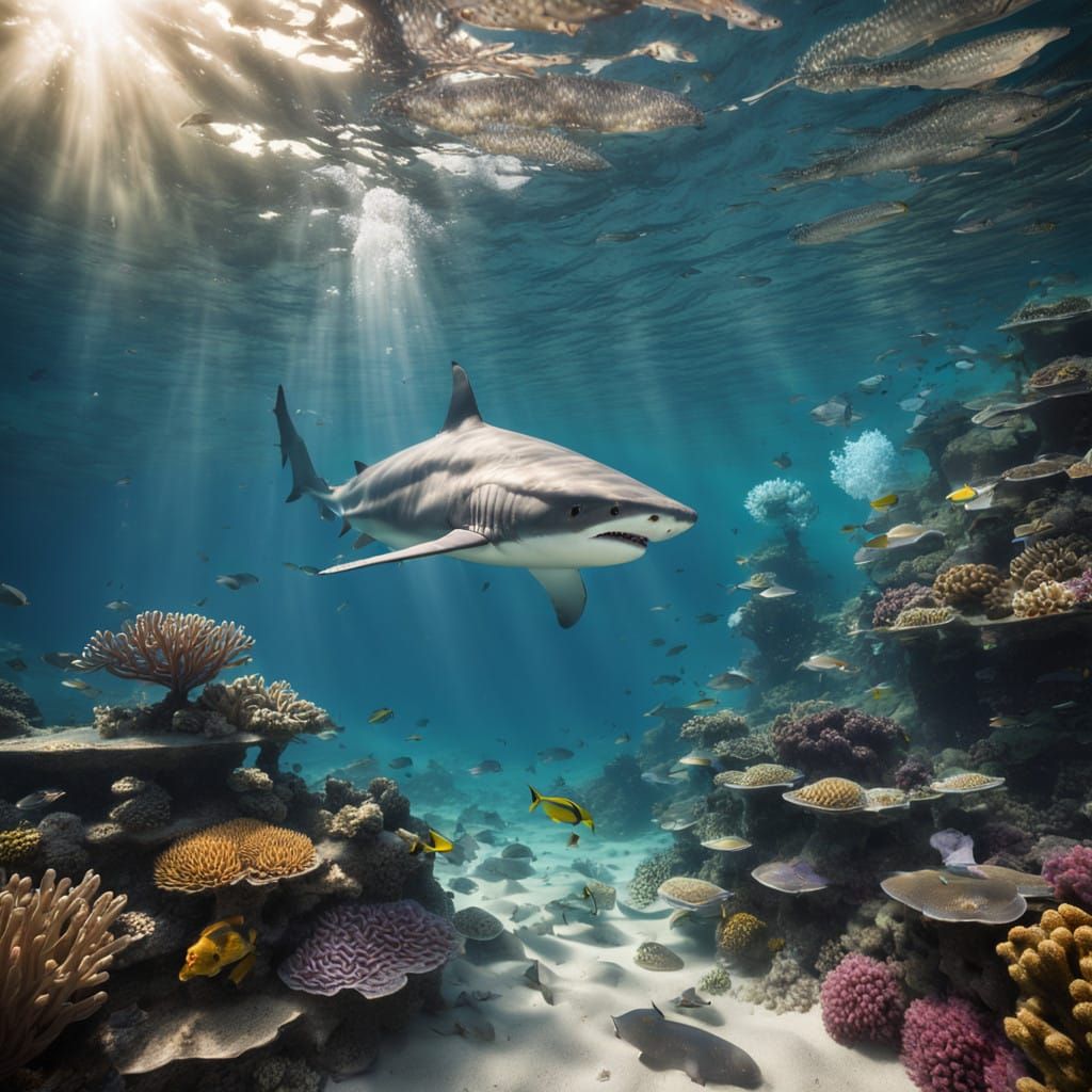 Majestic Shark and Statue of Liberty Under Coral Reef in Vib...
