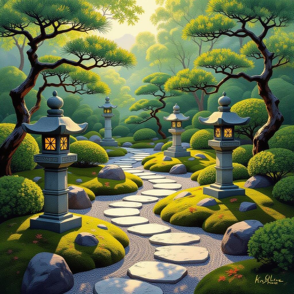 Tranquil Japanese Garden with Stone Lanterns and Abstract Ar...