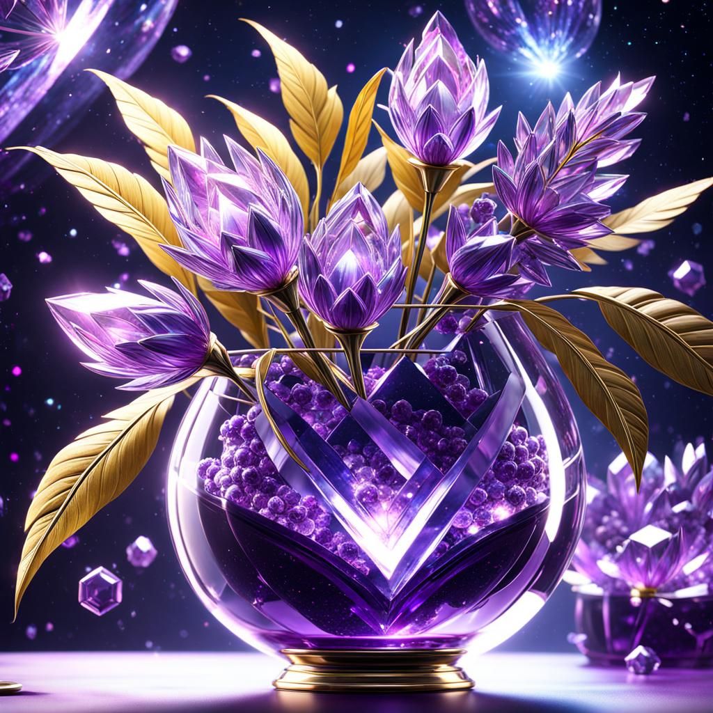 Galactic Vase of Intricately Detailed Crystal Flowers