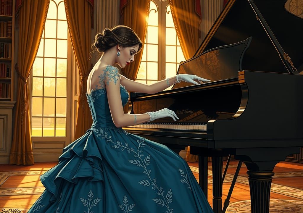 Elegant Woman at Grand Piano Amidst Sunset Hues