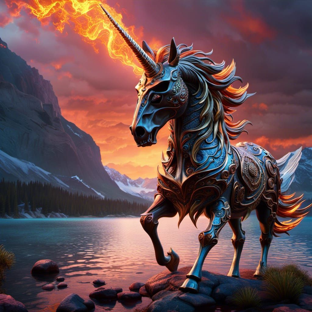 Ethereal Dark Fantasy Unicorn Embodies Inferno by the Lake