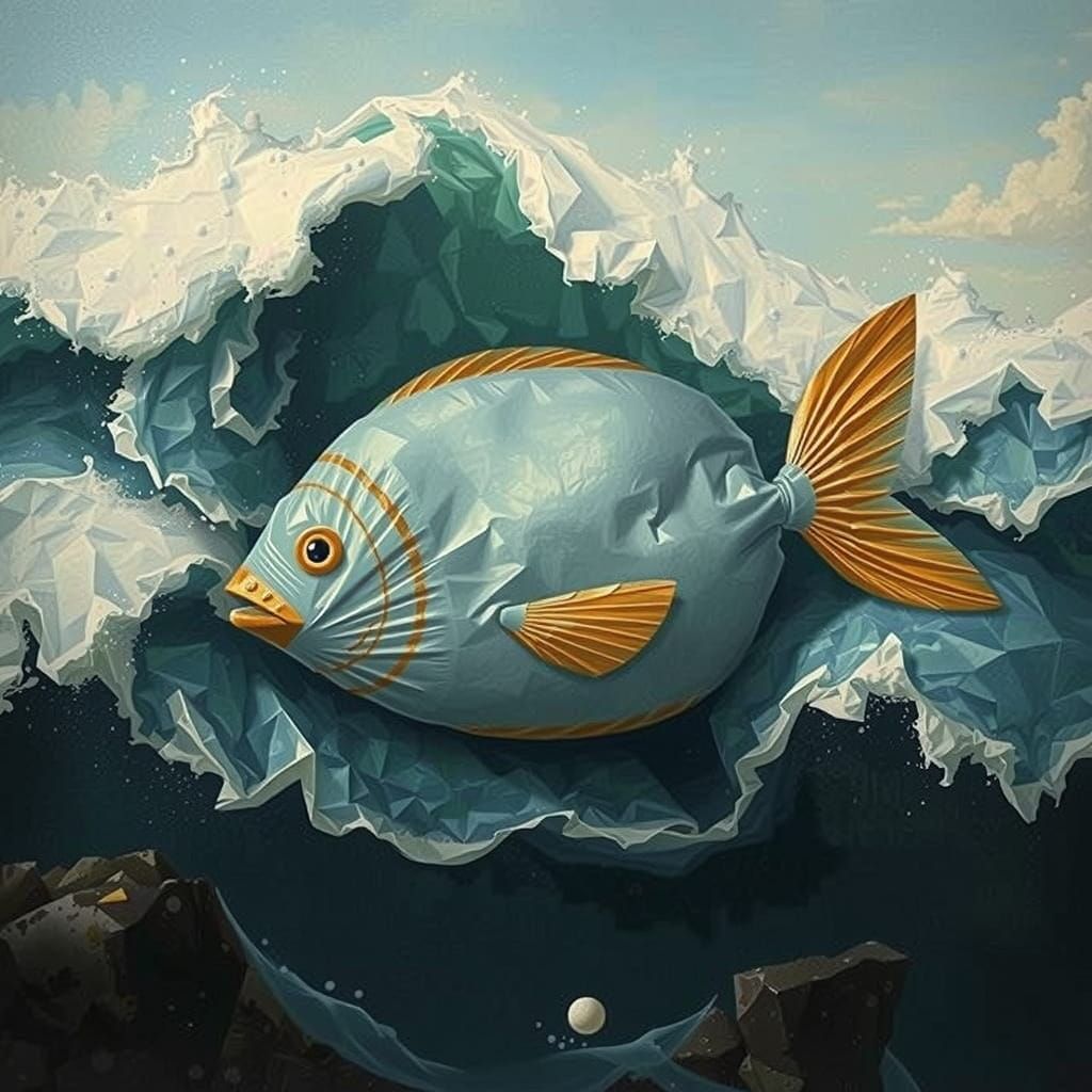 Plastic Bag Fish Drifting in Turquoise Waves
