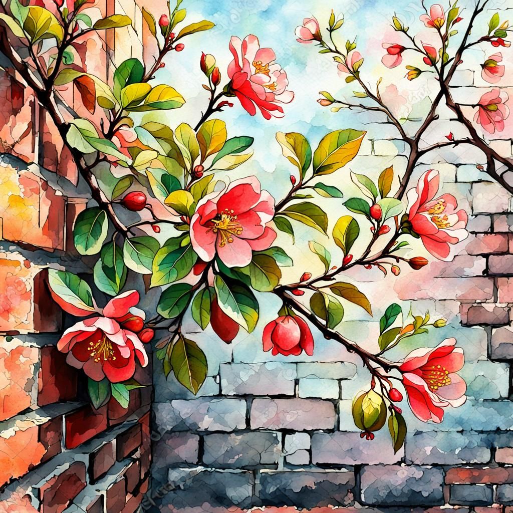 Pastel Watercolor Quince Bloom Against Brick