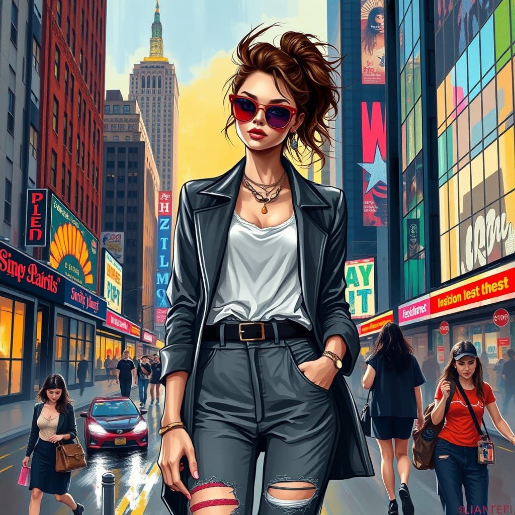 Confident Young City Woman in Vibrant Impressionist Style