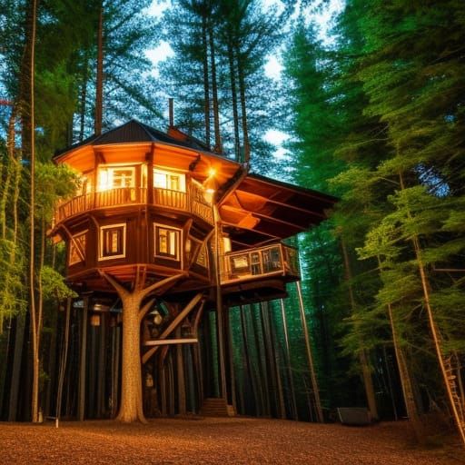 Whimsical Treehouse Oasis Under Starry Skies
