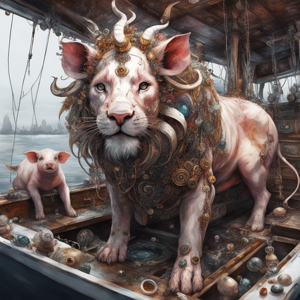 Afrofuturistic Fantasy Creatures on a Sailing Boat